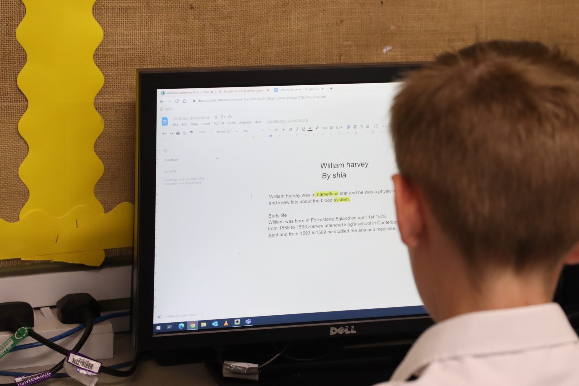 History Computer pupil typing information about willam harvey by shia in a history lesson at horton kirby primary school