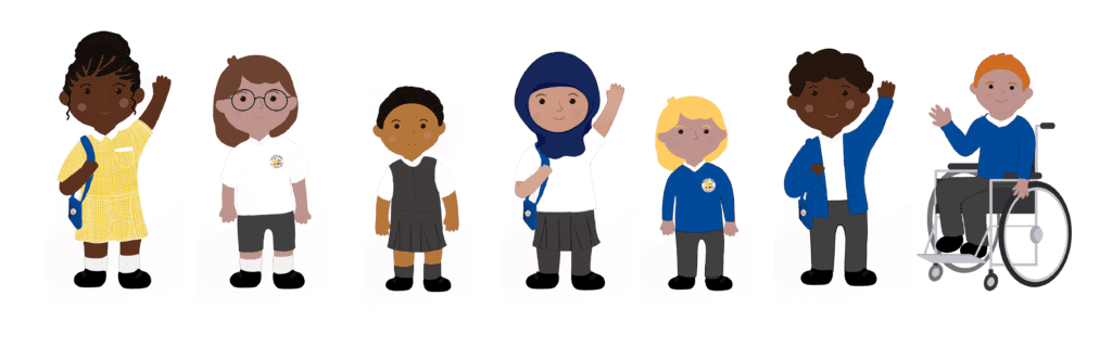 graphic of pupils showing the options of horton kirby primary school uniform